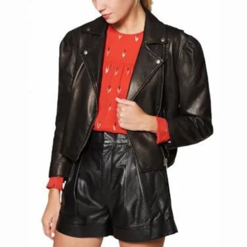 Joie Necia Lamb Leather Cropped Puff Sleeve Biker (Moto) Jacket in Caviar - S